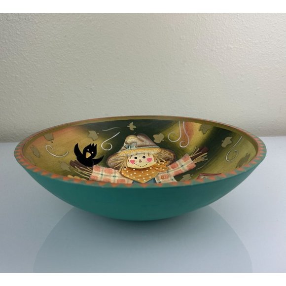 Vintage Scarecrow Bowl Fall Folk Art Crow Farmhouse Hand Painted Wooden Decor - Picture 6 of 16